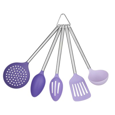 The gradient color customer color 5 Piece Nylon Cooking Utensil Set on a Ring with Stainless Steel Handles