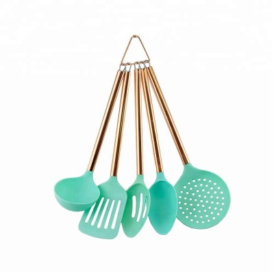 5 Piece Mint Nylon Cooking Utensil Set on a Ring with Stainless Steel Rose Gold Copper Handles -nylon kitchen utensil set